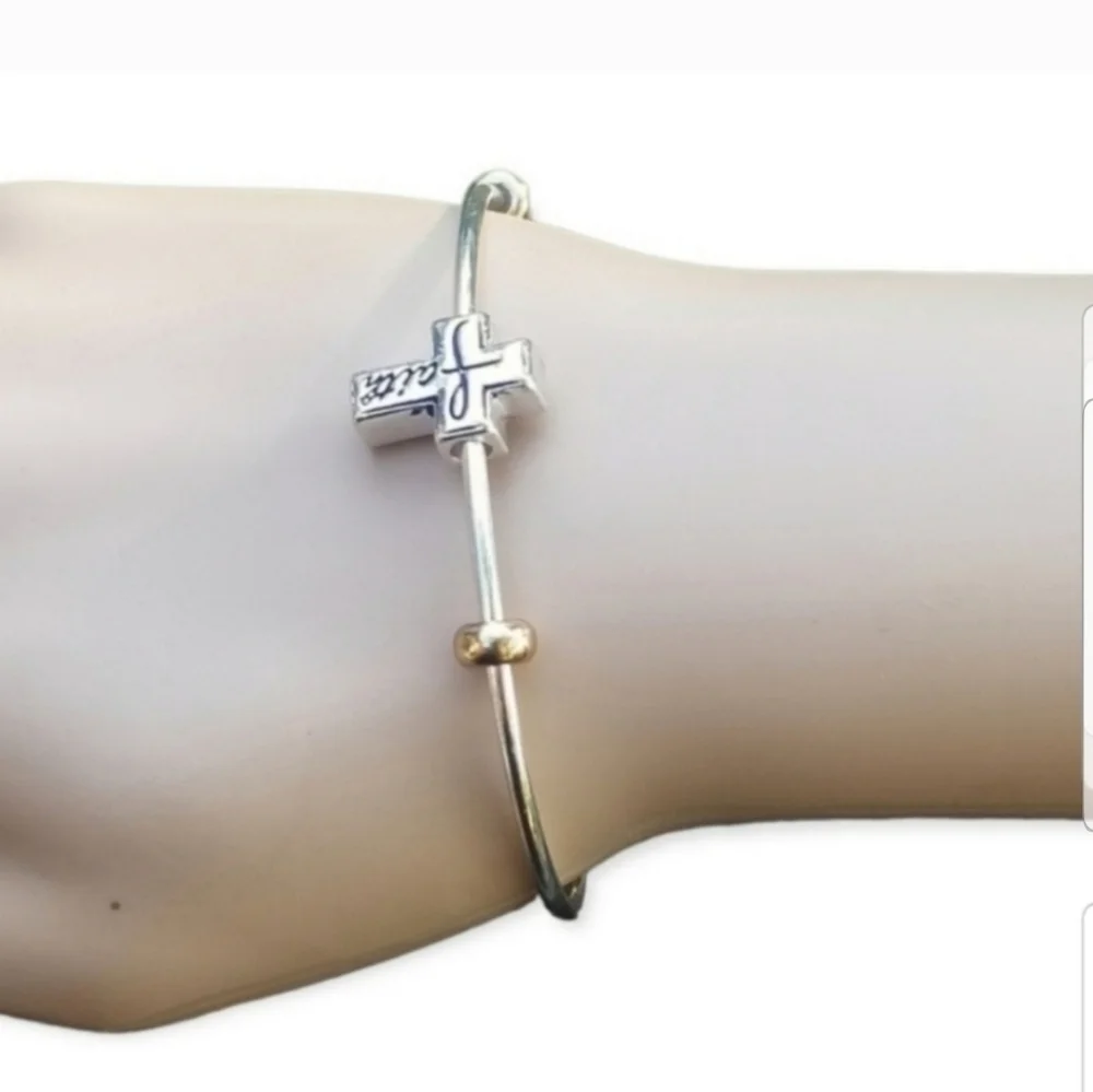 SILVERTONED FAITH CROSS CHARM SLENDER CUFF BRACELET